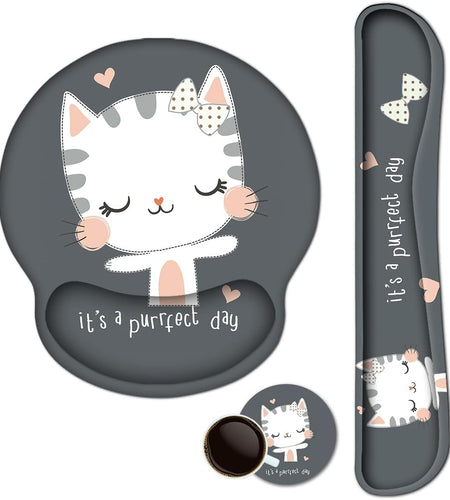 Keyboard Mouse Pad Wrist Rest, Gel Ergonomic Wrist Rest Support Mousepads,Non Slip Rubber Base Wrist Support with Memory Foam for Laptop Computer Home Office Work, Durable Comfortable,Cute Cat