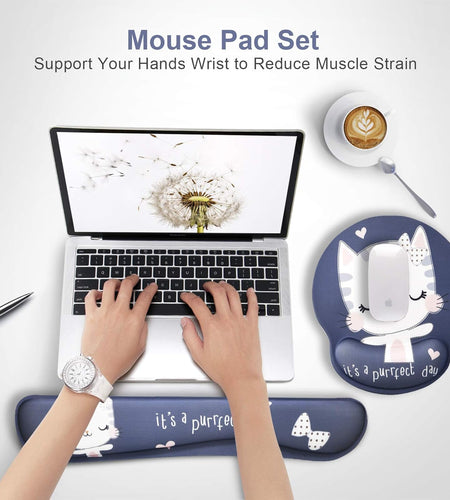 Keyboard Mouse Pad Wrist Rest, Gel Ergonomic Wrist Rest Support Mousepads,Non Slip Rubber Base Wrist Support with Memory Foam for Laptop Computer Home Office Work, Durable Comfortable,Cute Cat